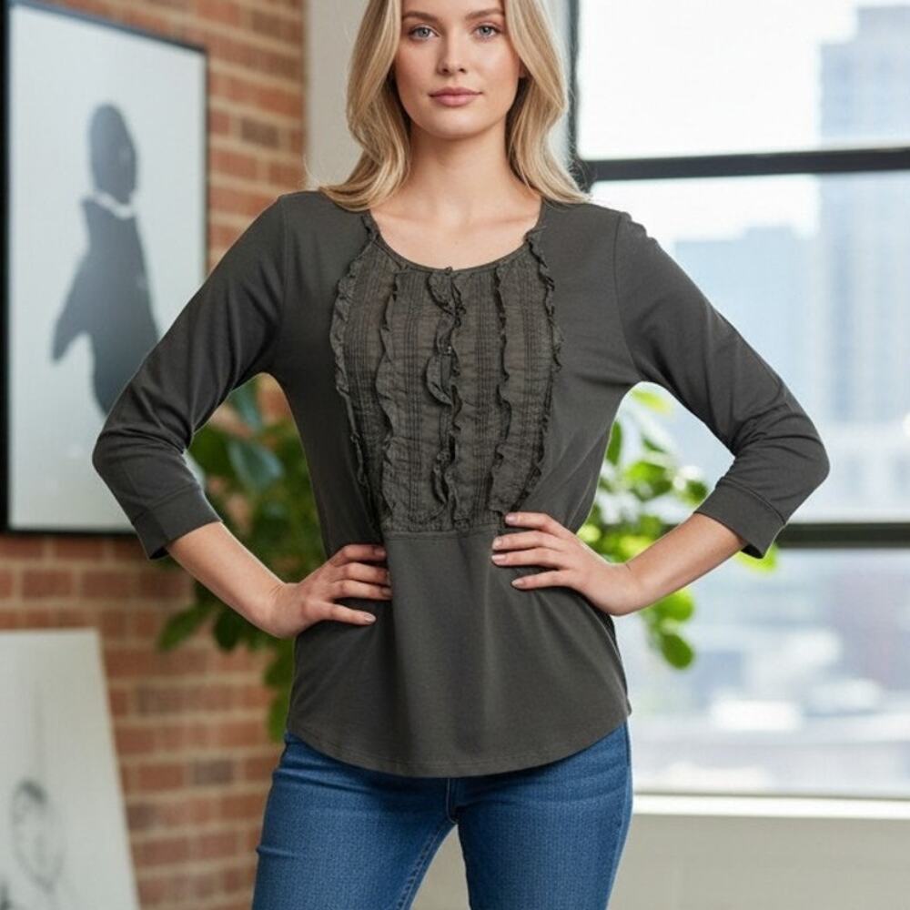 DENIM & SUPPLY Ralph Lauren Popover Top Ruffle Pleat Pintuck Bib Size S Charcoal